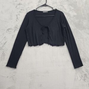 Liz & Sara Top Womens XL Black Ribbed Tie Front Cropped Long Sleeve Ruffle Hem